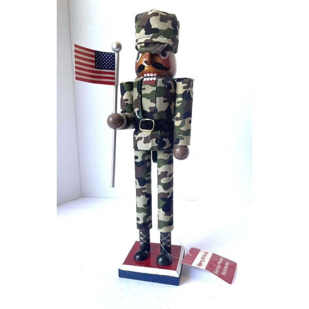 Military Wooden Nutcracker Black African American In Uniform With US Flag 12.5”